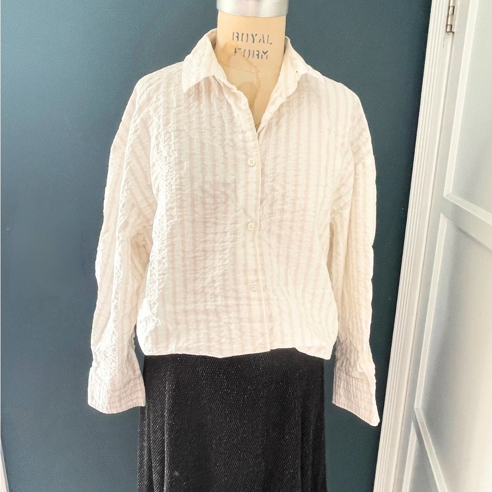 Women's White Seersucker Striped Textured Shirt